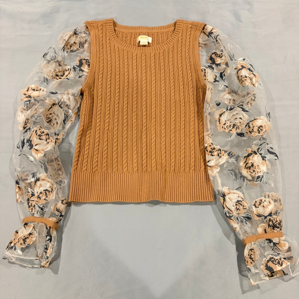Maeve Anthropologie Cable Knit Sweater Sheer Floral Organza Sleeve Brown Medium